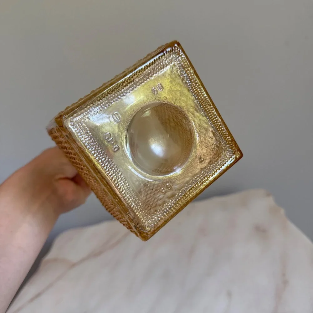 Vintage Amber Glass Decanter Square Diamond Point Hobnail Stopper Mid Century